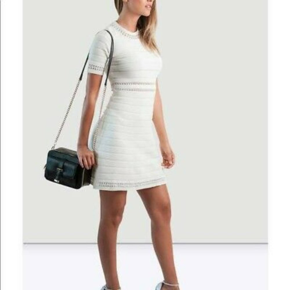 BEULAH Style Sz S Mini Dress Ivory Crochet Insert/Trim Fit N Flare